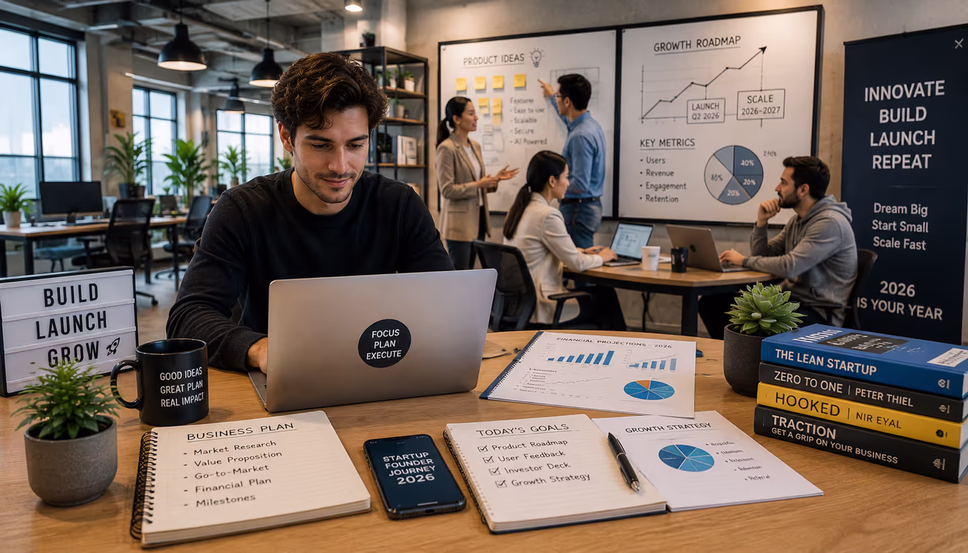 Startup founder working in a modern coworking space while planning and launching a new business