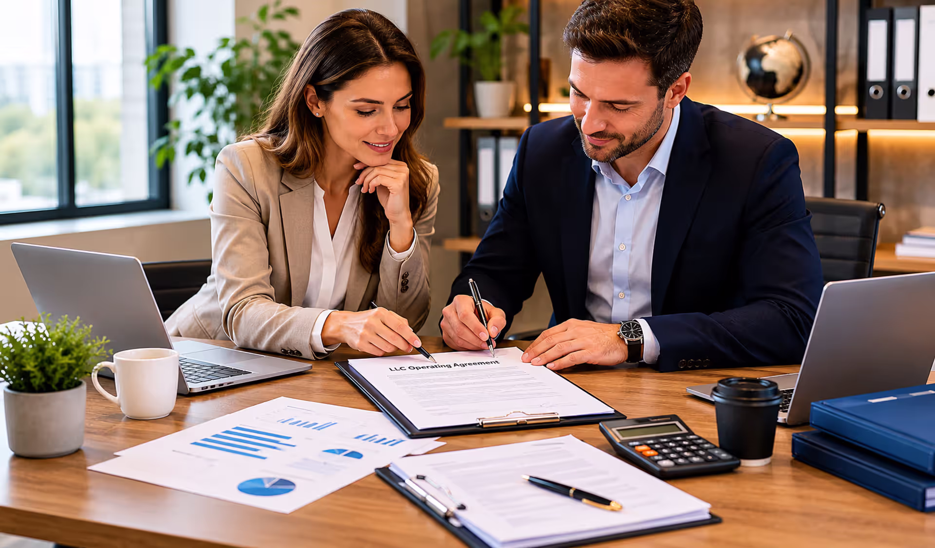 Business partners reviewing and signing an LLC operating agreement