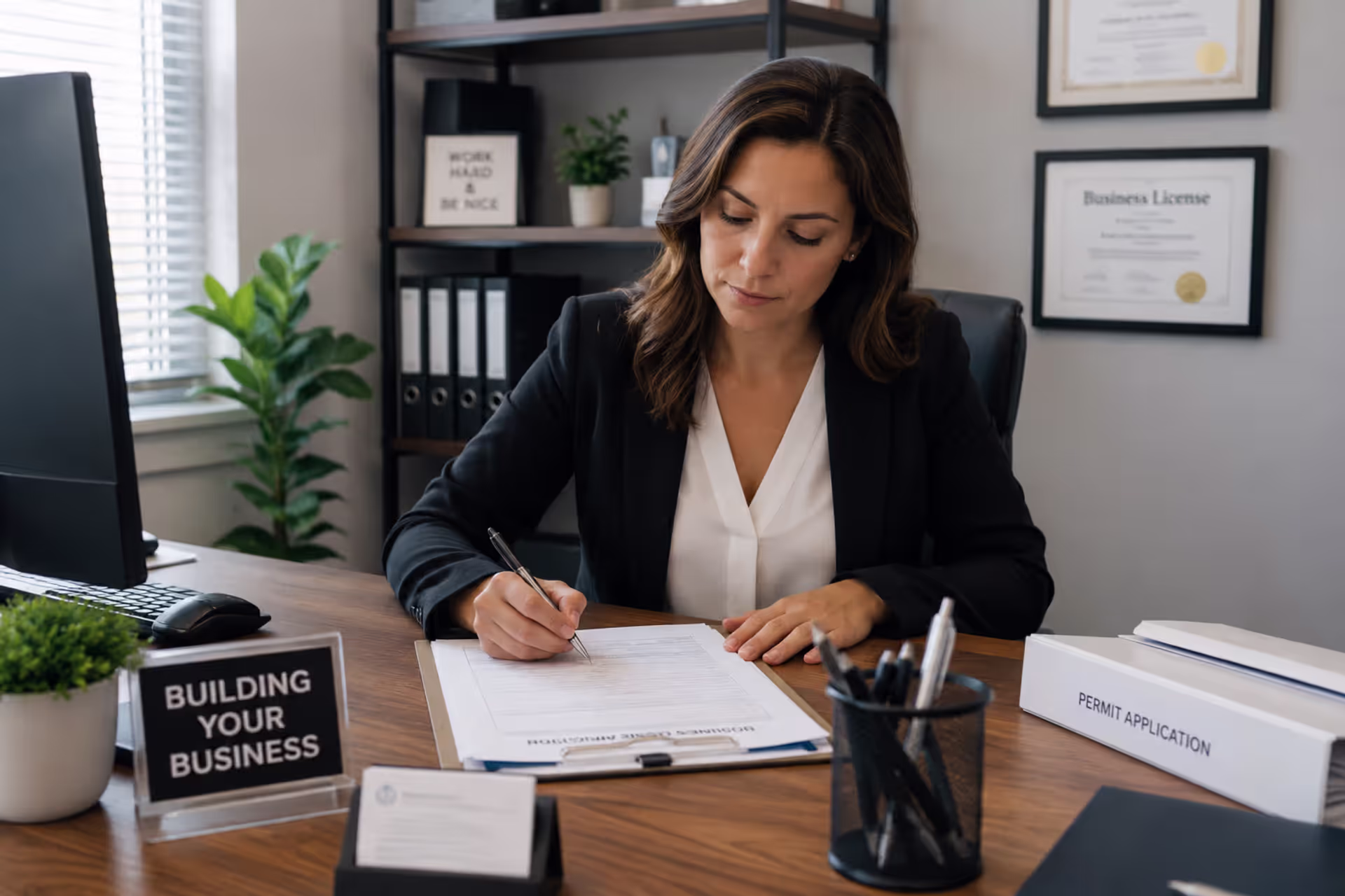 Small business owner completing business license and permit paperwork in a professional office