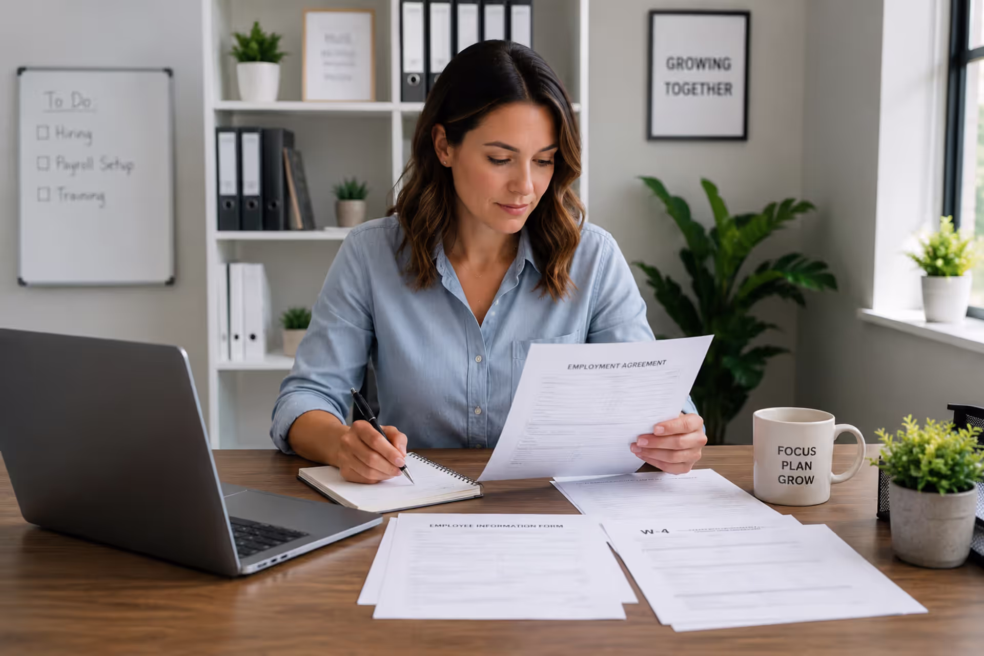Sole proprietor managing employee hiring paperwork and payroll setup in a growing small business