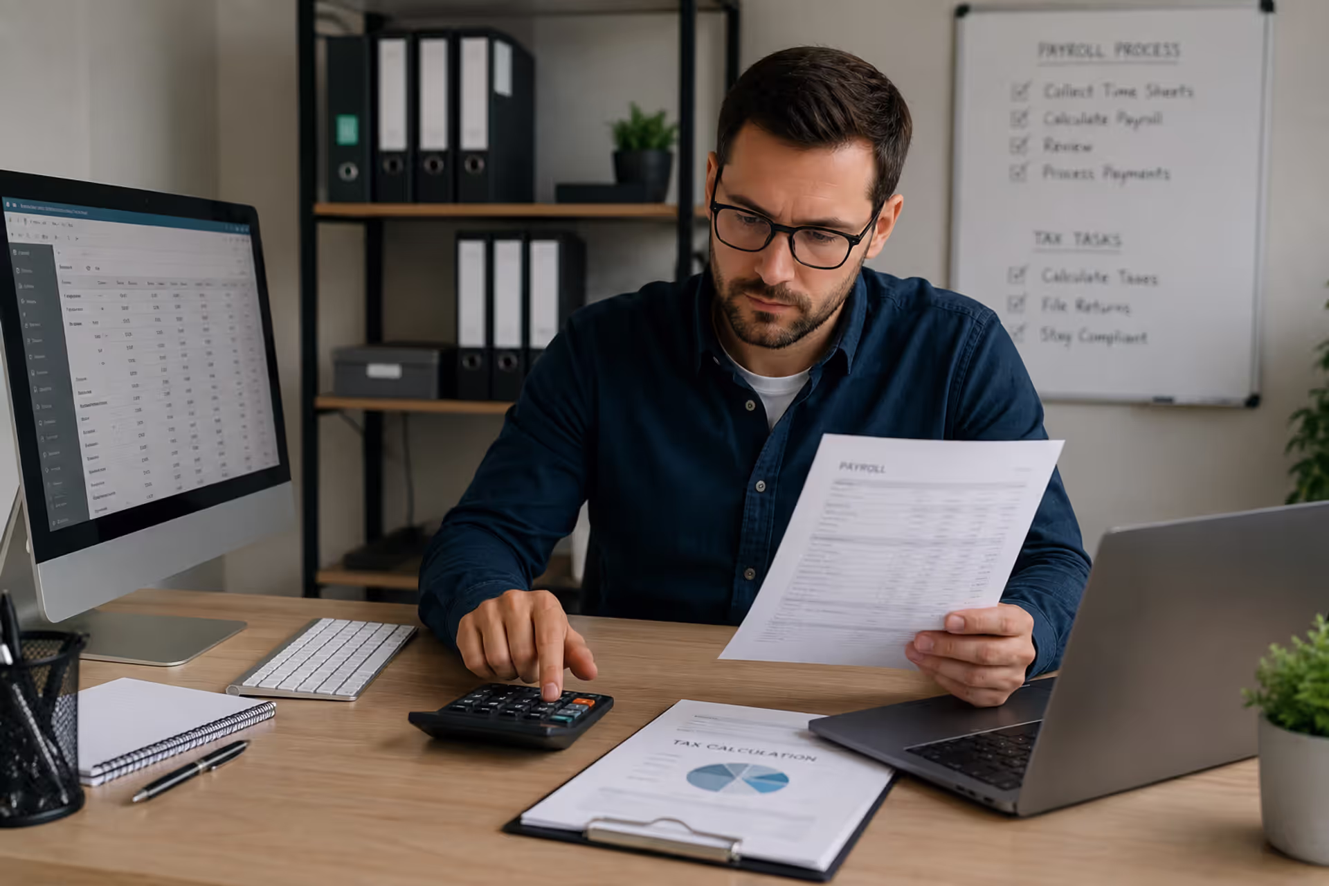 Small business owner managing employee payroll, tax calculations, and paycheck processing in a modern office